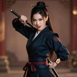 a beautiful, female, asian vampire ninja who is baring her fangs and standing in a menacing pose, award - winning 4 k photograph