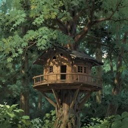 an intricate treehouse in a dense forest in the realistic detail style of studio Ghibli, 4k, cinematic lighting