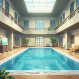 detailed interior of a liminal space with a large pool, anime key visual
