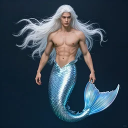 a portrait of a gorgeous male mermaid with long white hair and silver blue tail, by wlop, greg rutkowski, thomas kinkade, super detailed, 3 d, 4 k wallpaper