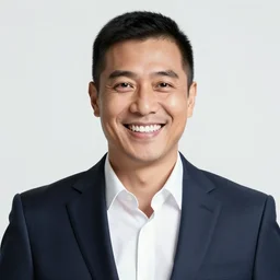 portrait of a man wearing a suit smiling with big white teeth, waterfall background, intense blue sky, trees, magenta colors”