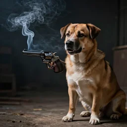 dramatic photo of a dog in a smoking with a revolver