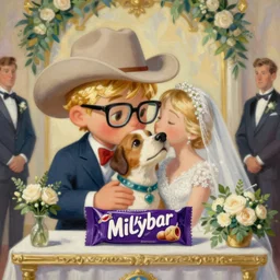 stylish painting of the Milkybar kid with blonde hair, cowboy hat and glasses, kissing dog, on the altar, at their wedding. In the style of JC Leyendecker