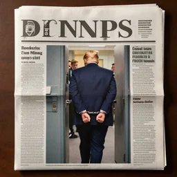 the front cover of a newspaper with a photograph of donald trump handcuffed and being led into a prison cell