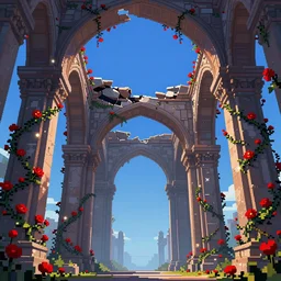 pixel art by Moebius of broken arches leading to the pillars of eternity draped with red flowers and vines, blue sky, lens flare, a sense of mystery, cinematic, ultra detailed, intricate, sharp focus, trending on artstation, 8K