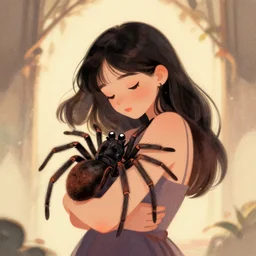 a woman hugging a really cute spider, digital art, album cover