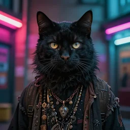 portrait photo of an anthropomorphic male black tabaxi cat furry fursona, handsome eyes, wearing black hippie and grungy clothing, neon back alley background at night, 4 k realistic trending on artstation