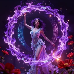 she dreams of arcs of purple flame intertwined with glowing sparks, glinting particles of ice, dramatic lighting, steampunk, bright neon, secret holographic cyphers, red flowers, solar flares, high contrast, smooth, sharp focus, art nouveau, intricate art by Annie Liebowitz
