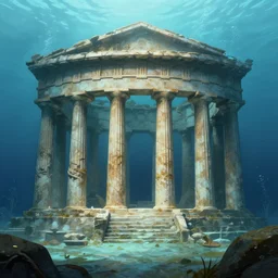 underwater ancient greek temple, digital art, concept art, fantasy art, highly detailed, hd wallpaper, hdr, artstation, deviantart, behance