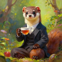 a portrait painting of a weasel in suit, sit with a cup of tea ， humanoid, anthropomorphic, personify, trending on artstation by wenjun lin, irakli nadar, bright colors, octopath traveler, wenjun lin, unreal engine 5 highly rendered, global illumination, radiant light, detailed and intricate environment