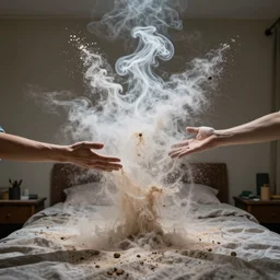 o hyper realistic photo in a small scruffy bedroom, feedback loop, burst of powders, spraying liquid, volumetric lighting, twisting vapour, bellowing dust, emerging hands, full colour, upscale, 4 k