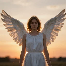 centered  waist up portrait photography an angel + bokeh + DOF + 8k, photorealistic + rendered in unreal engine + colors and composition by Peter Mohrbacher + line work by Dan Mumford , ultra realistic + backlit + strong rimlight, sunset,