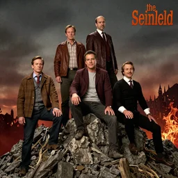 the seinfeld cast climb a mountain in hell, extremely zoomed out, by george ripley, henry darger, rembrandt