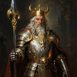 an old priest in templar armor, king of hell, in the style of zdzislaw beksinski, glowing light and shadow, hyperrealist