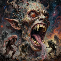 a high hyper detailed painting with complex and striking textures of a horrible and psychotic monstrous head with an open mouth, pointed teeth and several eyes, from its mouth come out several monsters and deformed beings running and screaming, cosmic horror psychedelic magical realism octane render bizarre art, conceptual art