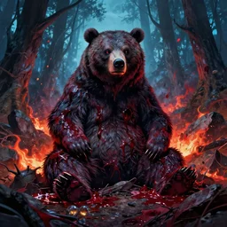 high resolution 4 k goru, blood, furry bears horror made in abyss design bizarre design body a field of cool colors shading war bloody war wounded country bears rock afire explosion billy bob sitting in a forest of the abyss eradication, pogrom, at war, art in the style of and akihito tsukushi
