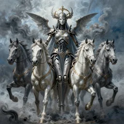 concept art by artgerm, death of the four horsemen of the apocalypse, soft grey and blue natural war light, smoke war, intricate, i robot queen of death, highly detailed dark art, digital painting, artstation, concept art, smooth, sharp focus, illustration, art by greg rutkowski and luis rollo and uang guangjian and gil elvgren, symmetry!