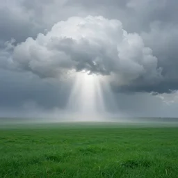 green open field clouds above and below bursting with energy water and electricity foggy lighting in style of georgia o'keeffe kate bush
