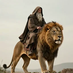a hooded wise old man with a long white beard wearing a brown hooded tunic riding on top of ; lion, majestic, epic digital art, cinematic, trending on artstation, superb detail 8 k, wide - angle, masterpiece