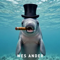 a Wes Anderson movie poster for a cigar smoking dugong, top hat