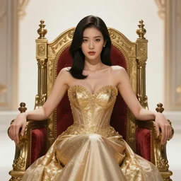 beautiful asian queen with shoulder length hair, sitting on her throne, art by tara phillips