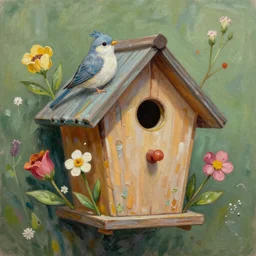 a whimsical painting of a whimsical birdhouse with flowers, painted by Lilia Alvarado, trending on artstation,