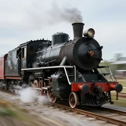 restored black steam locomotive travelling on train tracks, photograph, short exposure, motion blur