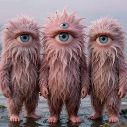 three eyed hairy gods, third eye in middle of forehead, wide wide shot, photograph, wet hairy bodies, wet feet in water, bodies, soft colors, wet eye in forehead, pins, very detailed, wet eyes reflecting into eyes reflecting into  infinity, beautiful lighting