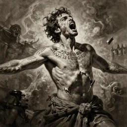 photorealistic sepia - toned painting of a screaming man with his arms out, nabatean aramaic tattoos, whose body is unravelling, atmospheric lighting, dark, brooding, painted, intricate, ultra detailed, well composed, best on artstation, cgsociety, epic, horror, stunning, gorgeous, intricate detail, much wow, masterpiece, cinematic aesthetic octane render, 8 k hd resolution,