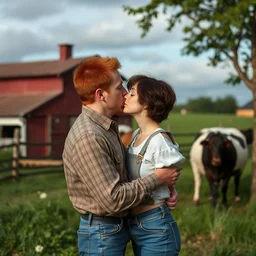 tall red haired male kissing a short brunette female on farm, gustav style,