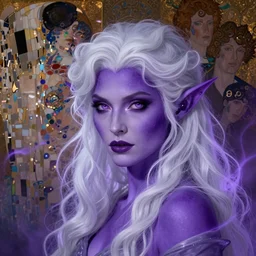 head and shoulders portrait of a beautiful female drow elf warlock, purple skin, white hair, violet magic, royo, klimt, miro, vallejo, frazetta, alphonse mucha, greg rutkowski, whealan