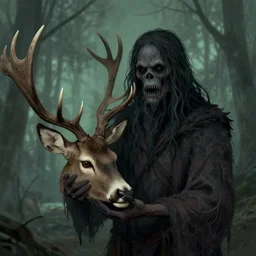 the monster holding a decapitated head of a deer in his hand, folk horror illustration, eerie, trending on artstation, DeviantArt, Pinterest