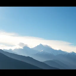 in the distance, a snow - capped mountain range stands tall, its peaks piercing the sky, the clouds are like a river flowing through the mountains, the air is fresh and clean, and the sun is warm