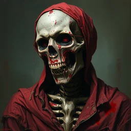 zombie portrait by greg rutkowski, skeleton, metal mask, red fabric, torn clothes, blood stains