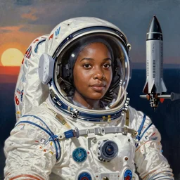 “nigerian female astronaut on board international space station wearing space suit and translucent helmet, highly detailed, realistic, portrait, photorealistic, proportional, beauty, fish eye lens, nasa, spacex, in the style of Edward hooper oil painting sun rising”