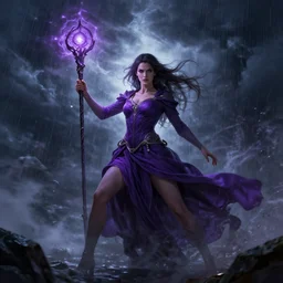 a woman in a purple dress holding a staff and dark magic, storm and rain behind her, action scene, magical concept art, artstation contest winner, fantasy art, dark and mysterious, artstation hd, 1 2 0 mm lens, hero pose, detailed, 8 k, digital art