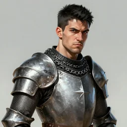realistic portrait, 30 year old man, spanish :: athletic, angered, short black hair :: chain mail, hauberk :: high detail, digital art, RPG, concept art, illustration