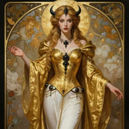 Portrait of a Holy Necromancer, female, beautiful, golden robes, white pants, exquisite black accessories, golden corset, highly detailed, smooth, sharp focus, digital painting, illustration, fantasy, by Krenz Cushart and Artem Demura and alphonse mucha