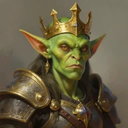 half - length portrait of a goblin warrior. green skin, gold crown. fantasy, digital painting, hd, detailed.