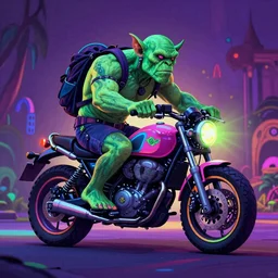 psychedelic blacklight airbrush artwork of a stylized orc biker