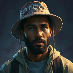 portrait of a man in a bucket hat, quint buchholz, wlop, dan mumford, artgerm, liam brazier, peter mohrbacher, raw, featured on artstation, octane render, cinematic, young, intricate, 8 k