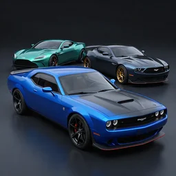 a muscle car based on nissan, aston martin and chevy sports car body styles, nissan sports cars, chevy sports cars, blue and black paint, trending on artstation, unreal engine, studio lighting, hyper realistic, by jotaautomotive, nancorocks and khyzylsaleem