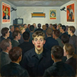 mark rothko painting of many people without eyes. one person does have eyes, a young man, frightened about what is going on around him. there are propaganda posters on walls, brainwashing televisions and cctv cameras s 1 5 0