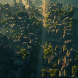 an stylized 2 d cinematic keyframe of a post - apocalyptic city covered by nature roads seen from above rendered by studio ghibli, cenital shot, by andrea rochas, rule of thirds, golden ratio, ambient lighting, wlop, artgerm, artstation, highly detailed masterpiece, dark fantasy art, high detail, trending on artstation