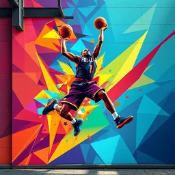 an epic colorful vector mural of an elite basketball player going for a dunk, angular, geometric, abstract, beautiful composition,