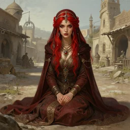 a full body portrait of a beautiful post apocalyptic offworld enchanters district bedouin blind pulp fiction scarlet wild rogue barbarian leper begging by the roadside, intricate, elegant, highly detailed, digital painting, artstation, concept art, smooth, sharp focus, illustration, art by krenz cushart and artem demura and alphonse mucha