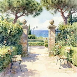 delicate, garden, paved, botanic watercolors, iridescent, 8 k, realistic shaded, fine details, artstation, italian, chairs, iron gate, pine maritime, mediterranean