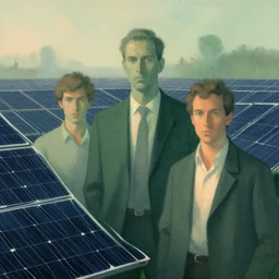 illustrated portrait of solar panel landscape, modern art deco, mads berg, karolis strautniekas, christopher balaskas, stippled light, moody, fine texture, dramatic lighting, dynamic composition, detailed, matte print, green + blue + light orange, muted color, ( ( victo ngai ) ), low fog