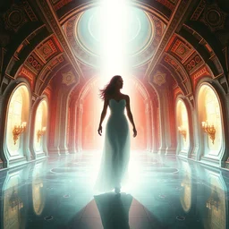 white glowing woman silhouette in a hyperspace palace, high key, tim hildebrandt, wayne barlowe, bruce pennington, donato giancola, trending on artstation, cinematic composition, raytracing, beautiful lighting, hyper detailed, 8 k, oil on canvas