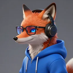 league of legends concept art anthropomorphic fox in blue hoodie, art by charles liu, geek glasses, black headphones, blue eyes, profile picture, fantasy style, perfect angle, soft lighting, vibrant color scheme, ultra detailed, volumetric lighting, octane render, commission art, 8 k wallpaper
